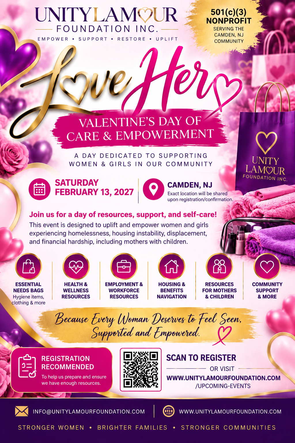 Love Her Valentine’s Day of Care and Empowerment flyer for February 13, 2027